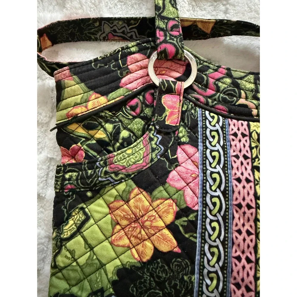 Marie by Giftcraft Quilted Floral Tote Bag Black/Pink/Green Shoulder Bag LG EUC